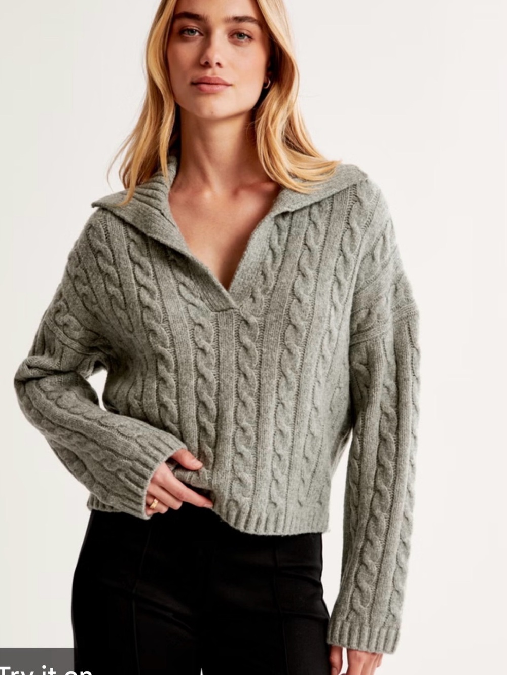 Abercrombie & Fitch Cable-Knit Cowl Pullover in Light Sage
